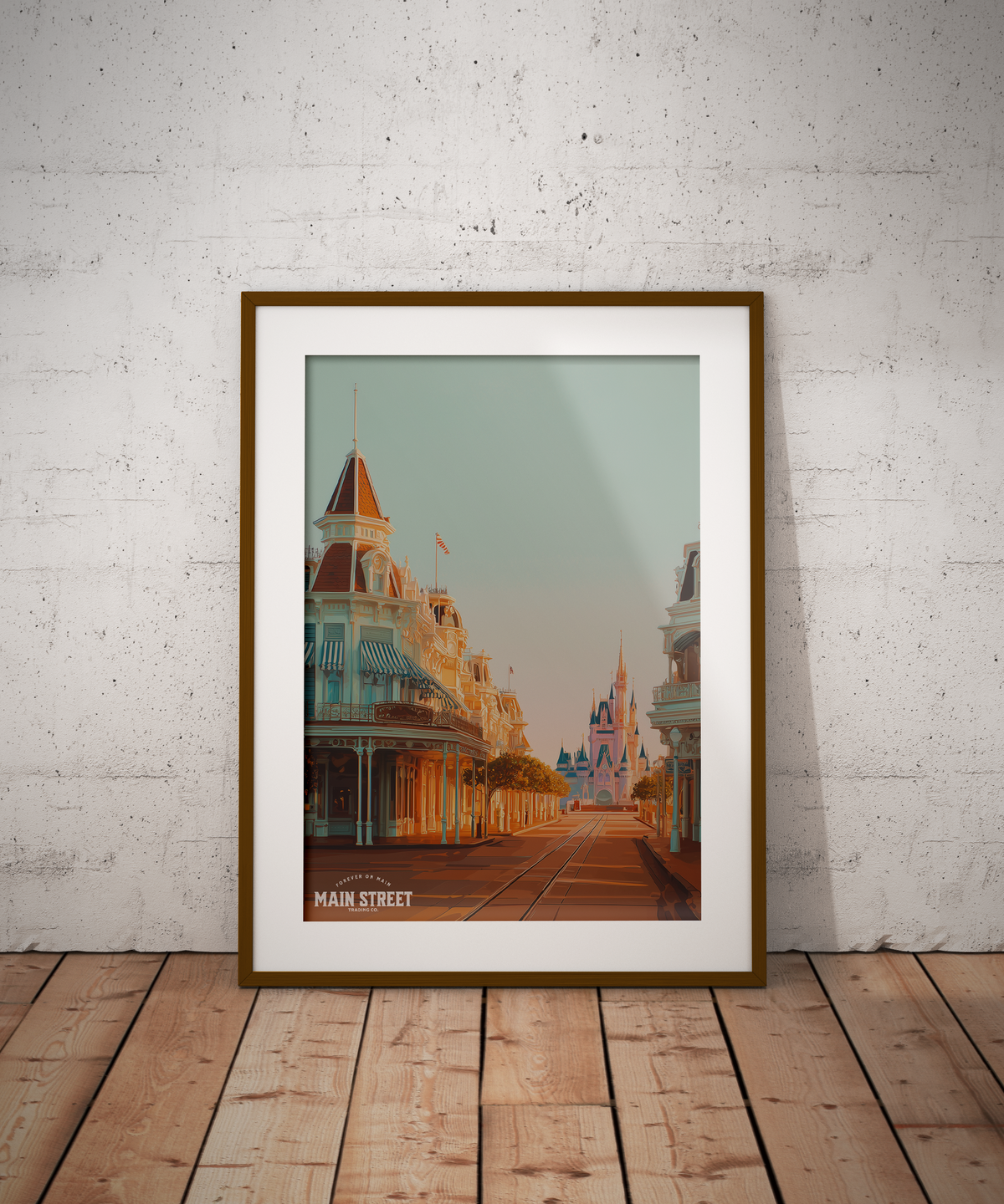 Framed vintage-style Main Street print with the castle in the distance, warm-toned illustration
