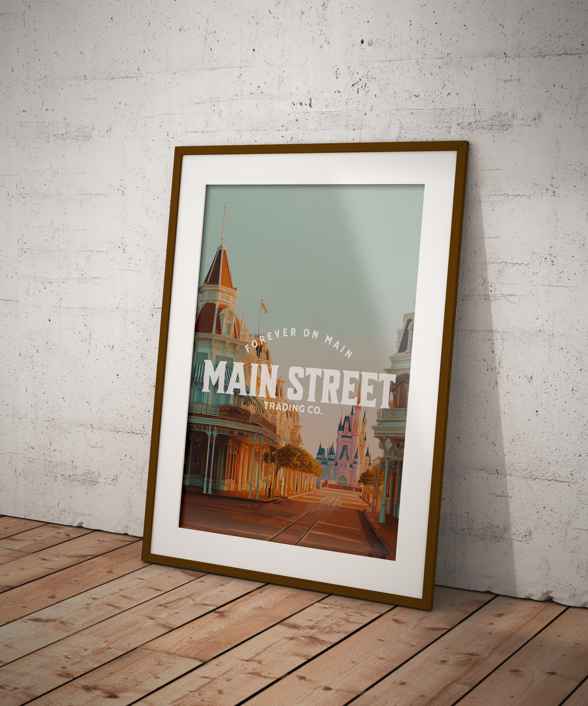 Framed vintage-style Main Street print with the castle in the distance, warm-toned illustration with Main Street Trading logo