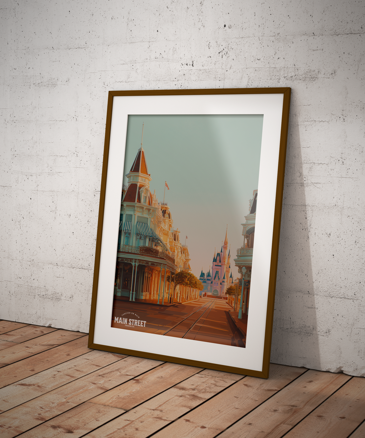 Framed vintage-style Main Street print with the castle in the distance, warm-toned illustration