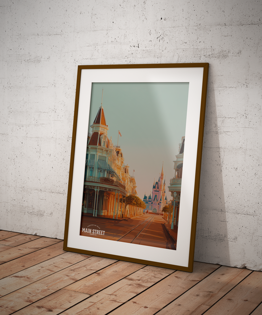 Framed vintage-style Main Street print with the castle in the distance, warm-toned illustration