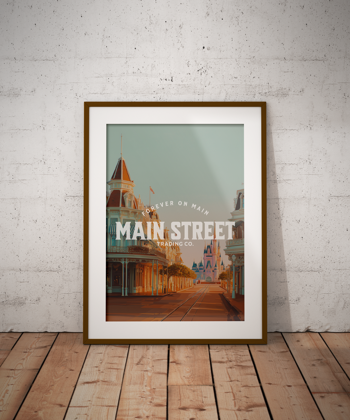 Framed vintage-style Main Street print with the castle in the distance, warm-toned illustration with Main Street Trading logo