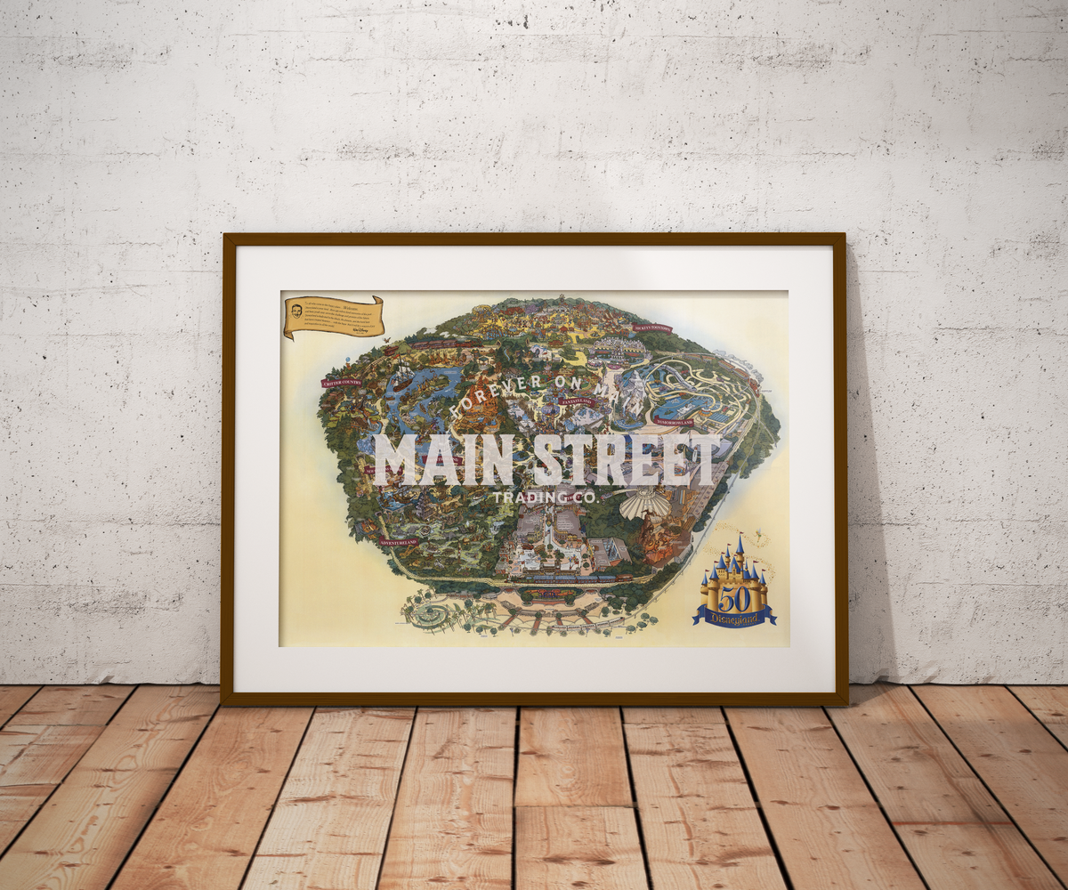 Framed vintage-style illustrated theme park map print of the original California park, with logo