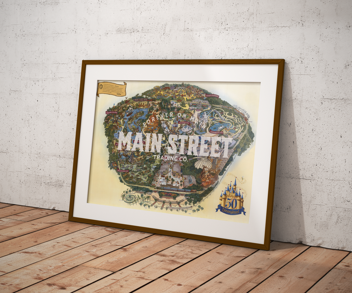 Framed vintage-style illustrated theme park map print of the original California park, with logo