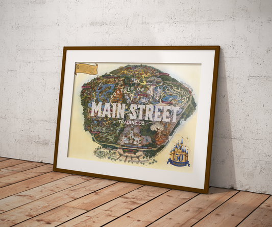 Framed vintage-style illustrated theme park map print of the original California park, with logo